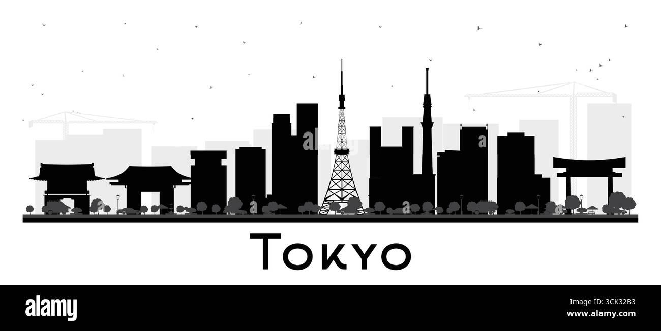 Die Skyline der Stadt Tokio Japan in Schwarz-weiß-Optik. Vektorabbildung. Stadtbild mit Wahrzeichen. Reise- und Tourismuskonzept. Stock Vektor