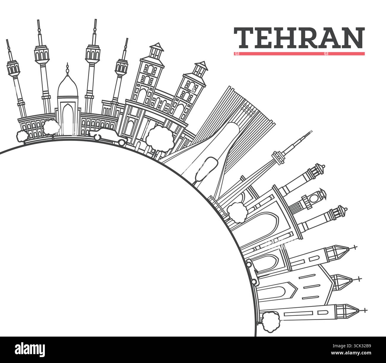 Skizzieren Sie die Skyline von Teheran Iran City mit modernen und historischen Gebäuden, die auf White isoliert sind. Vektorgrafik. Teheran Persien Stadtbild mit Wahrzeichen. Stock Vektor