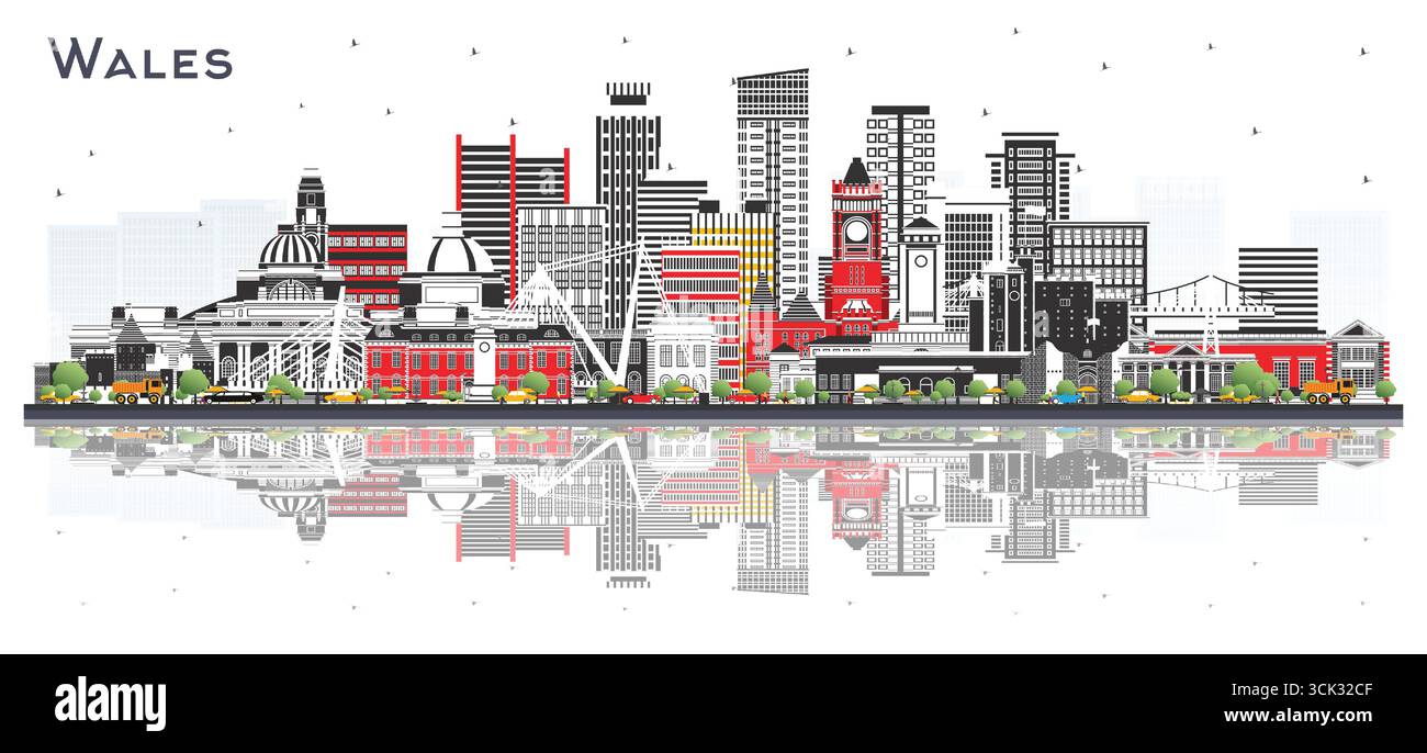 Skyline von Wales City mit grauen Gebäuden, isoliert auf White. Vektorgrafik. Konzept mit historischer Architektur. Stadtbild von Wales mit Wahrzeichen. Stock Vektor