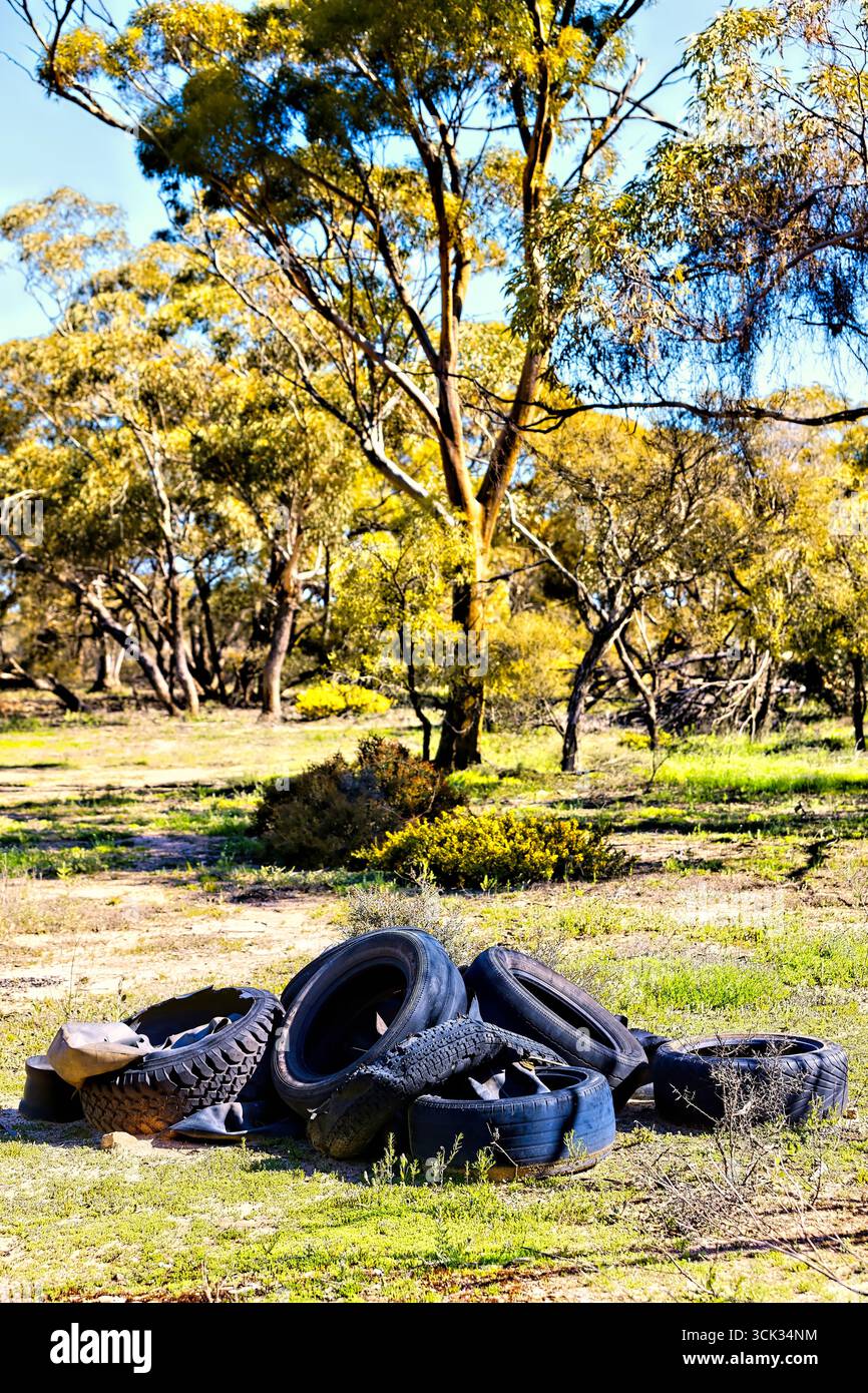 Autoreifen wurden im Buschland in Westaustralien abgeladen Stockfoto