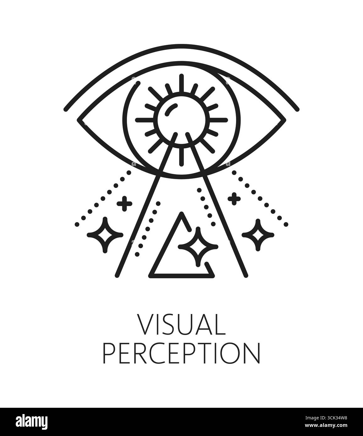 Symbol oder Zeichen für die visuelle Wahrnehmung der kognitiven Fähigkeiten. Lineares Vektorzeichen der visuellen Wahrnehmung, lineares Symbol der Gehirnfunktion. Dünnlinienpiktogramm oder Symbol der kognitiven Fähigkeitstherapie mit menschlichem Auge Stock Vektor