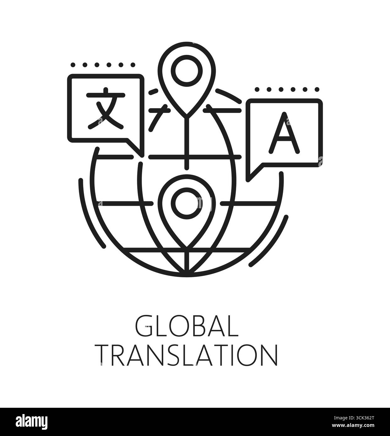 Symbol oder Piktogramm für globale Übersetzungslinie in englischer Sprache. Sprachvokabular Umrissvektor Symbol, Fremdsprachübersetzung dünnes Linienzeichen. Piktogramm oder Symbol des Wörterbuchs mit Hobelkugel Stock Vektor