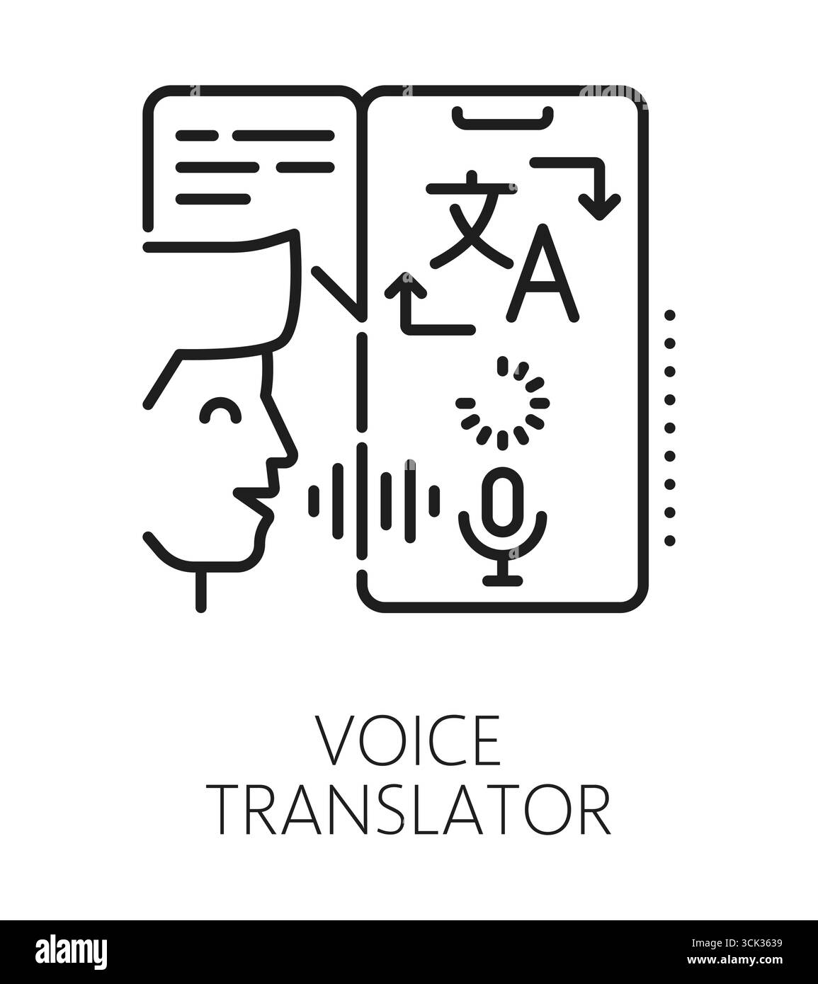 Zeilensymbol oder -Zeichen für Sprachübersetzung in englischer Sprache. Fremdsprachübersetzung lineares Vektorzeichen, Sprachvokabular lineares Symbol. Englisches Wörterbuchsymbol mit Mann, der mit dem Smartphone spricht Stock Vektor