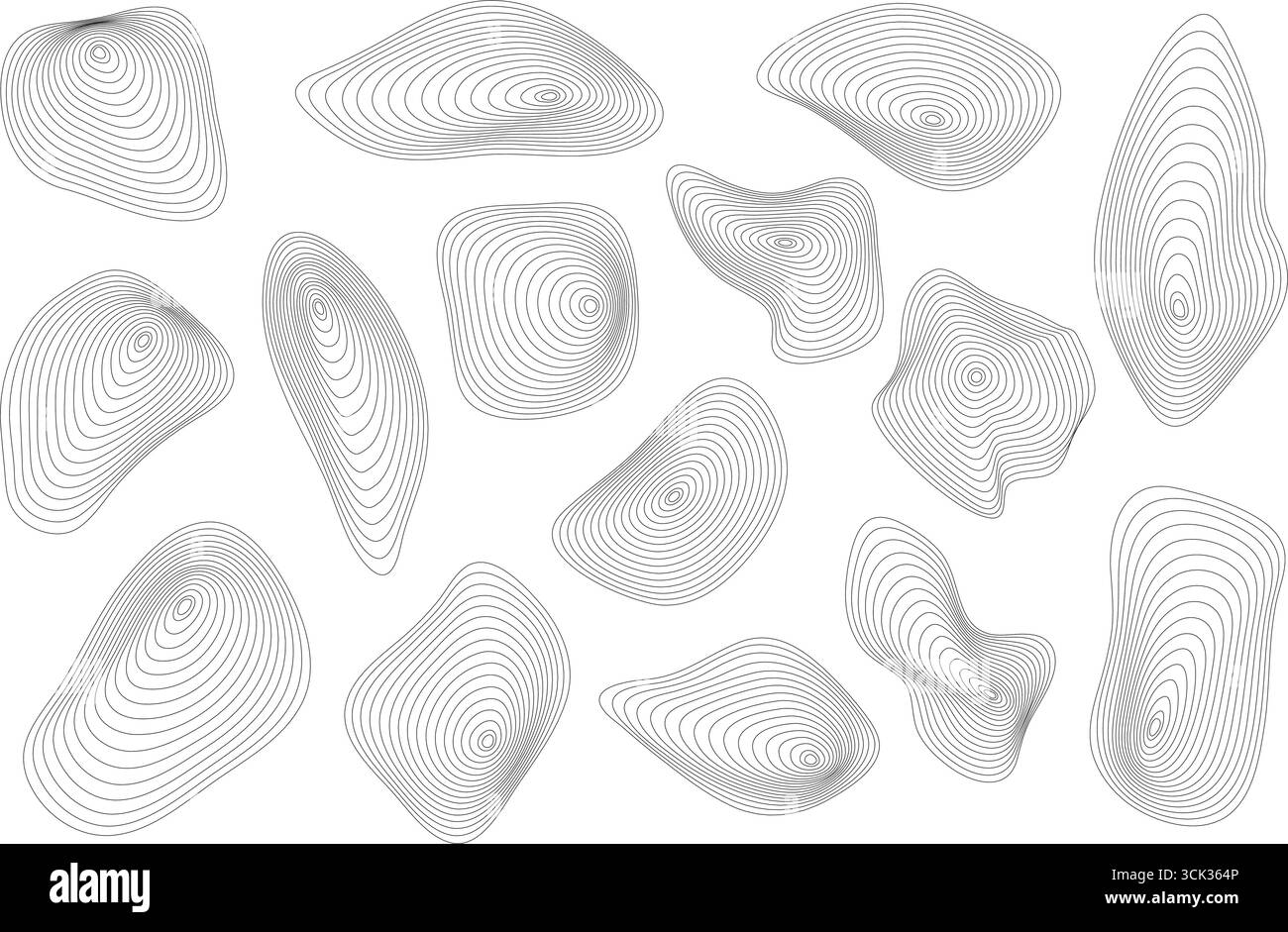 Topographische Formen mit Wellenlinien. Organische kreisförmige Welligkeitsvektorlinien auf weißem Hintergrund. Geometrische Konturenfluidfreistellung Stock Vektor