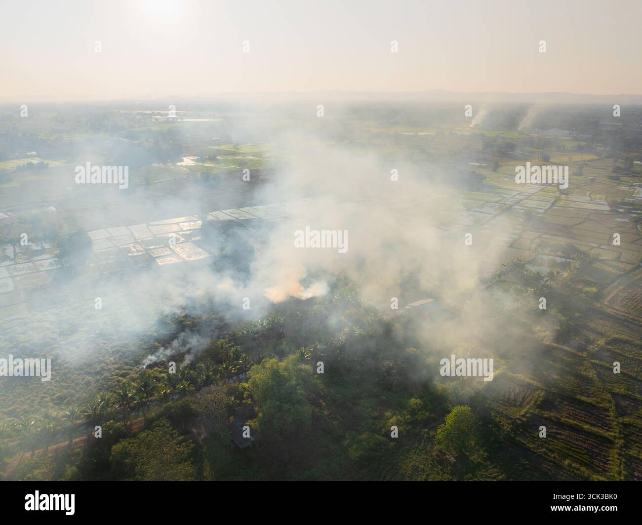Klimawandel und Verbrennung in der Landwirtschaft setzen Kohlendioxid (CO2) und andere Treibhausgase (THG) frei, die zum Klimawandel beitragen. Stockfoto