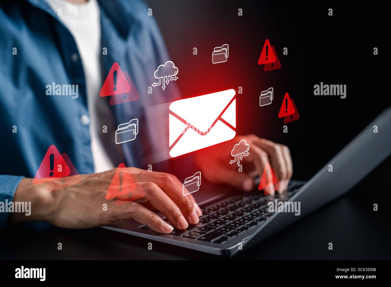 E-Mail-Spam-Warnung und Cybersicherheitsbedrohung mit roten Warnsymbolen. Phishing, Betrug, Malware, Datenschutzverletzung, E-Mail-Angriff, und Risiken für die Online-Sicherheit. Stockfoto