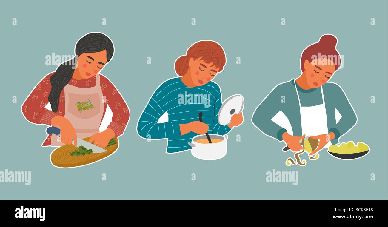 Set mit Stickern Woman Cooking Stock Vektor