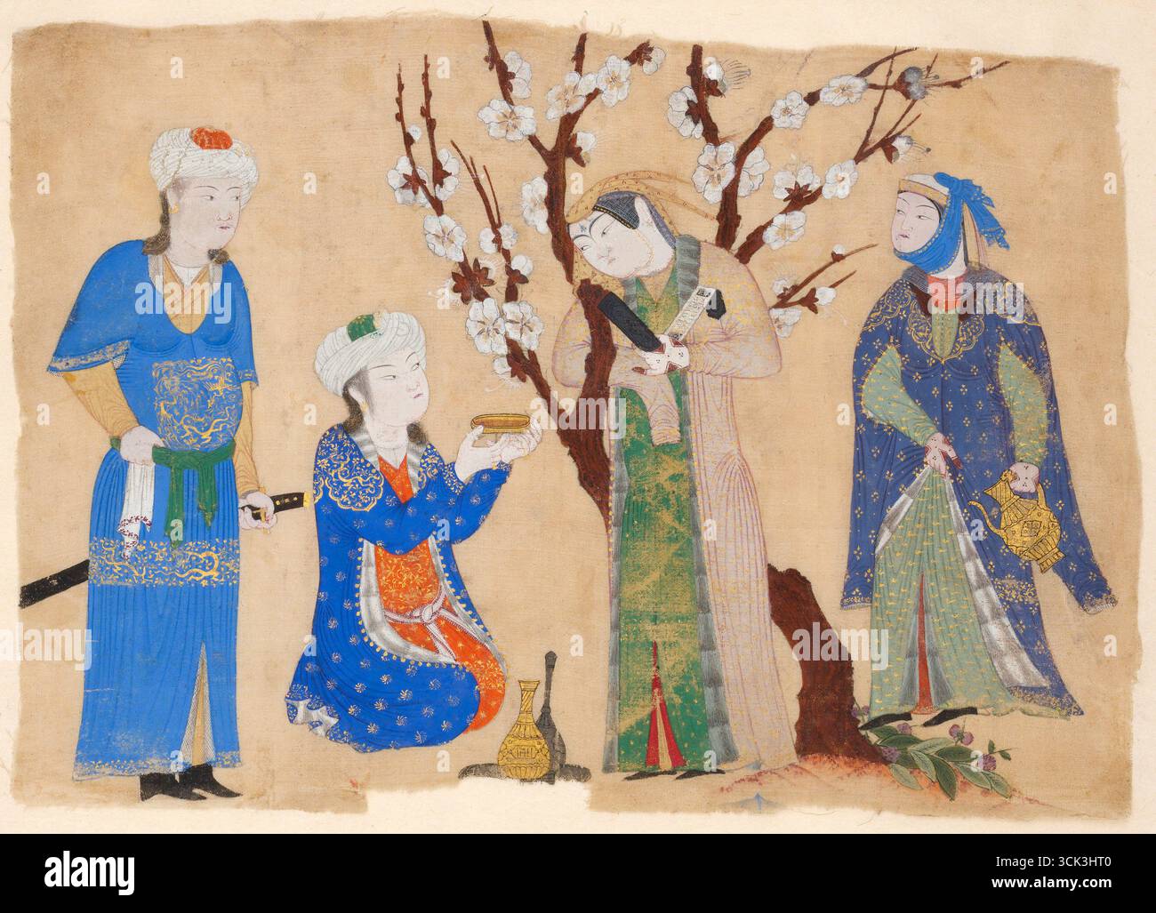 Iran/Persien: „Wein trinken im Frühlingsgarten“. Aquarellalbum Blatt eines anonymen türkischen oder persischen Miniaturisten, AQ Qoyunlu ('White Sheep') Federation (1378–1501), möglicherweise Tabriz, um 1430. Ein junger Mann, der einer jungen Frau eine Tasse Wein anbietet, spiegelt ein traditionelles persisches höfisches ideal wider, das in Poesie und Malerei zum Ausdruck kommt. Dennoch war es gängige Praxis für Timurid-Künstler, sich an chinesische Modelle zu wenden, um stilistisch inspiriert zu werden. In diesem Gemälde zeigt sich chinesischer Einfluss in der Anordnung von Figuren auf einer horizontalen Grundlinie vor neutralem Hintergrund. Stockfoto