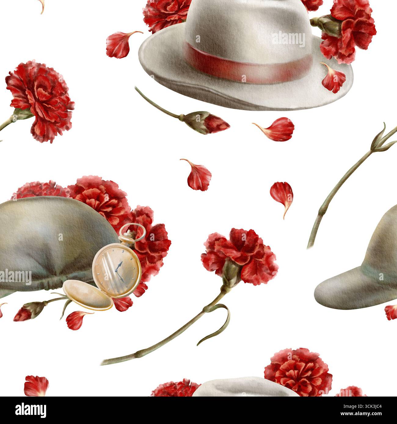 Die Nelkenrevolution von 1974 in Portugal, wo Zivilhut und Soldatenmütze zu Symbolen für die friedliche Flut wurden, entfaltet sich alle in roten Blüten Stockfoto