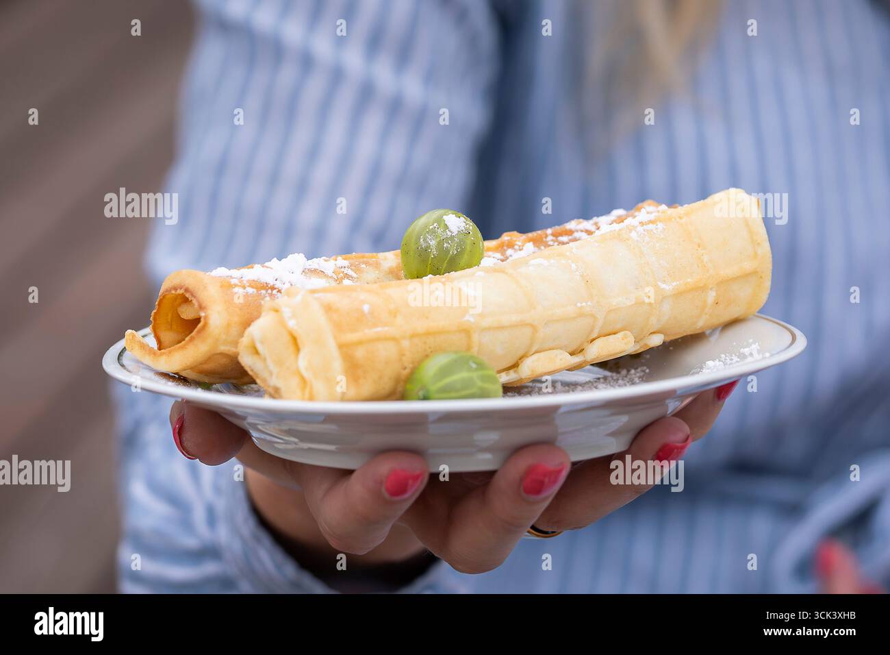 Teller mit köstlichen Waffelbrötchen mit Stachelbeeren. Waffelbrötchen mit Beeren und Puderzucker. Waffle Tobes oder Rolls. Hausgemachtes Dessert. Stockfoto