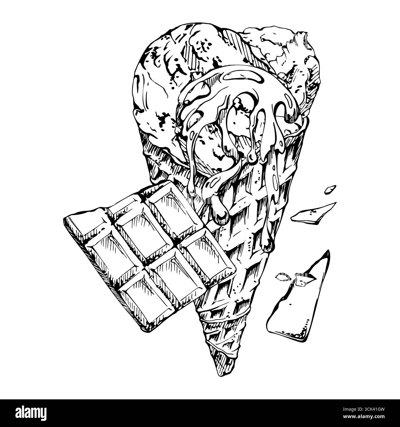 Eislöffel mit Sorbet-Eis, Schokoladenchips und Sirup in knusprigem Waffelkegel. Vektorgrafik handgezeichnet in Stift und Tinte Stock Vektor