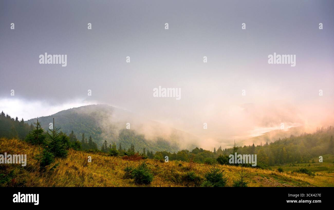 Berge im Freien mit bewölktem Morgen im Herbst. Nebeliger Natur Hintergrund im Hochland der ukraine. Dramatisches Wetter Stockfoto