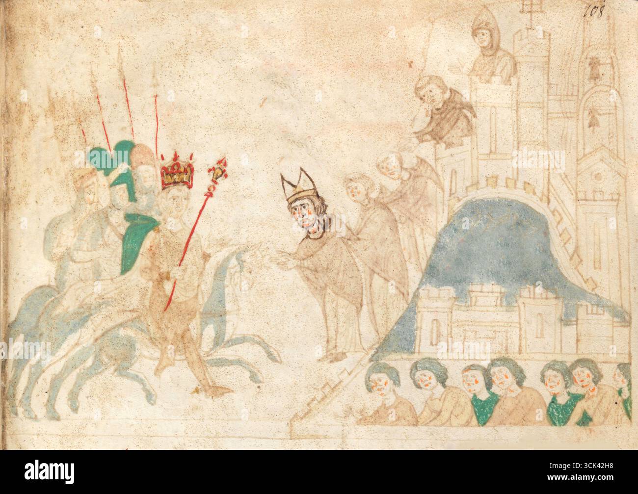 Ein Treffen zwischen König und Klerus, isoliert aus dem Buch zu Ehren des Augustus oder über sizilianische Angelegenheiten; ein illustriertes Erzählepos, das 1196 von Peter von Eboli in Palermo geschrieben wurde. Das Gedicht erzählt die Geschichte von Tancred von Lecces Versuch, die Kontrolle über Sizilien zu übernehmen, der durch den erfolgreichen Feldzug von Heinrich VI., Kaiser des Heiligen Römischen Kaisers, vereitelt wurde. Stockfoto