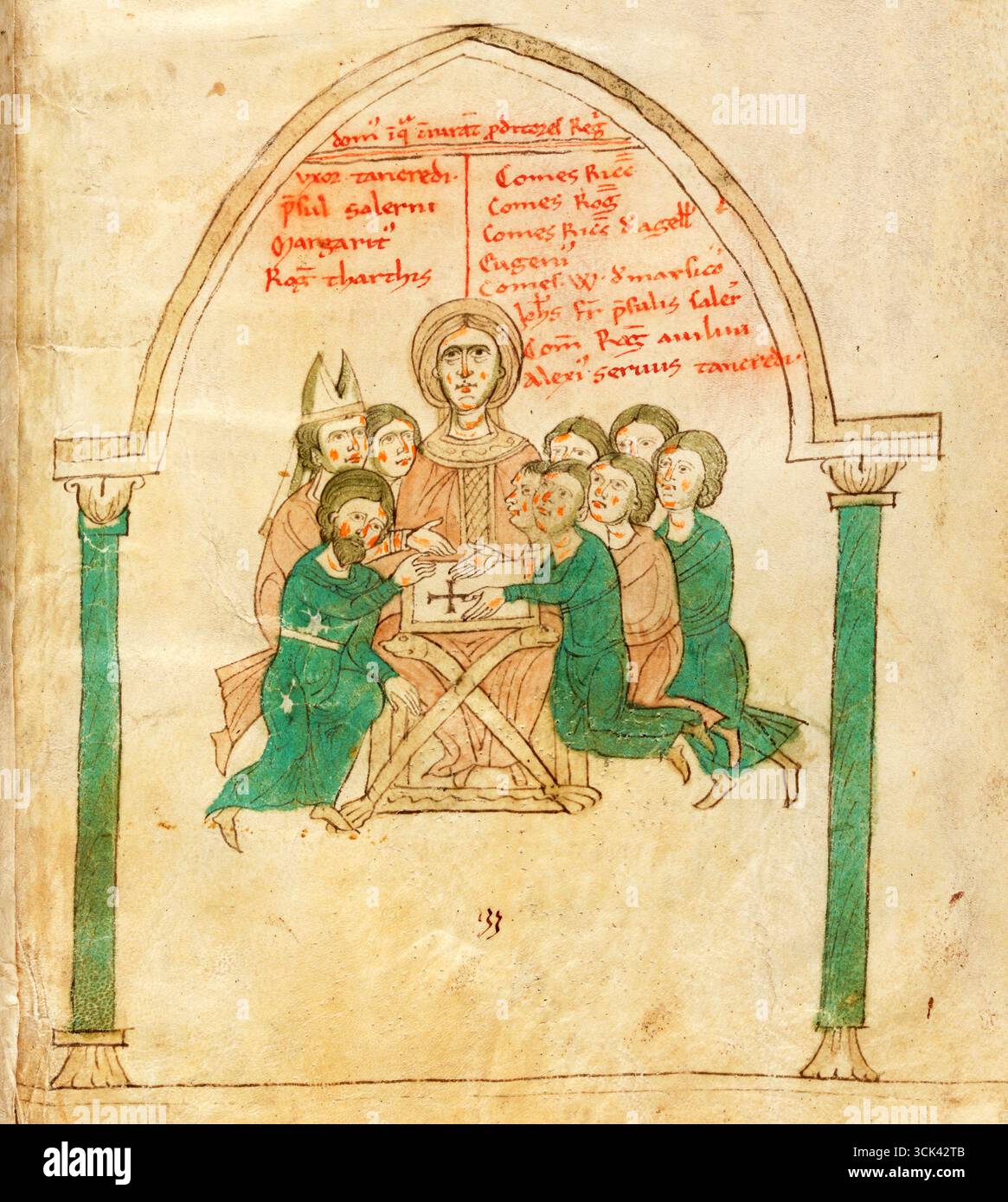 Adelige treffen sich mit dem Klerus und dem König, isoliert aus dem Buch zu Ehren des Augustus, oder über sizilianische Angelegenheiten; ein illustriertes Erzählepos, das 1196 von Peter von Eboli in Palermo geschrieben wurde. Das Gedicht erzählt die Geschichte von Tancred von Lecces Versuch, die Kontrolle über Sizilien zu übernehmen, der durch den erfolgreichen Feldzug von Heinrich VI., Kaiser des Heiligen Römischen Kaisers, vereitelt wurde. Stockfoto