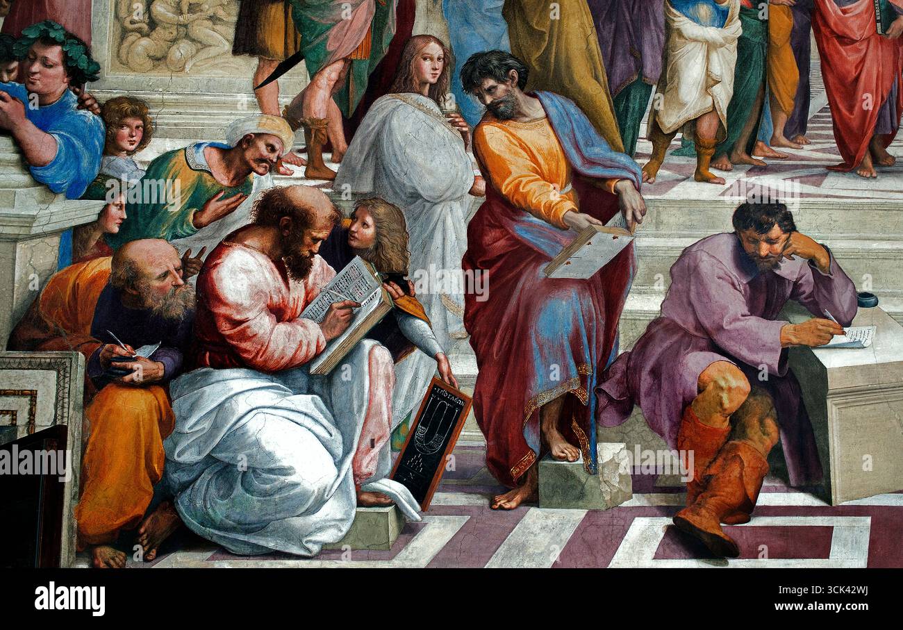 Die Schule von Athen von Alvarez Enciso Domingo 1737–1800) war ein spanischer Maler Spanien, nach Raffaello Sanzio da Urbino auf der linken Seite Plato und Aristoteles auf der rechten Seite (Schule von Athen, Fresko (1508–11) gemalt des Künstlers Raphael, in der Stanza della Segnatura, einem Raum in den Privatwohnungen von Papst Julius II. Im Vatikan). Die Schule von Athen ist ein berühmtes Renaissance-Fresko von Raphael, das Philosophie und das intellektuelle Streben nach Wissen symbolisiert. Das Gemälde zeigt eine große klassische Zusammenkunft von antiken griechischen Philosophen, Mathematikern und Wissenschaftlern. Stockfoto