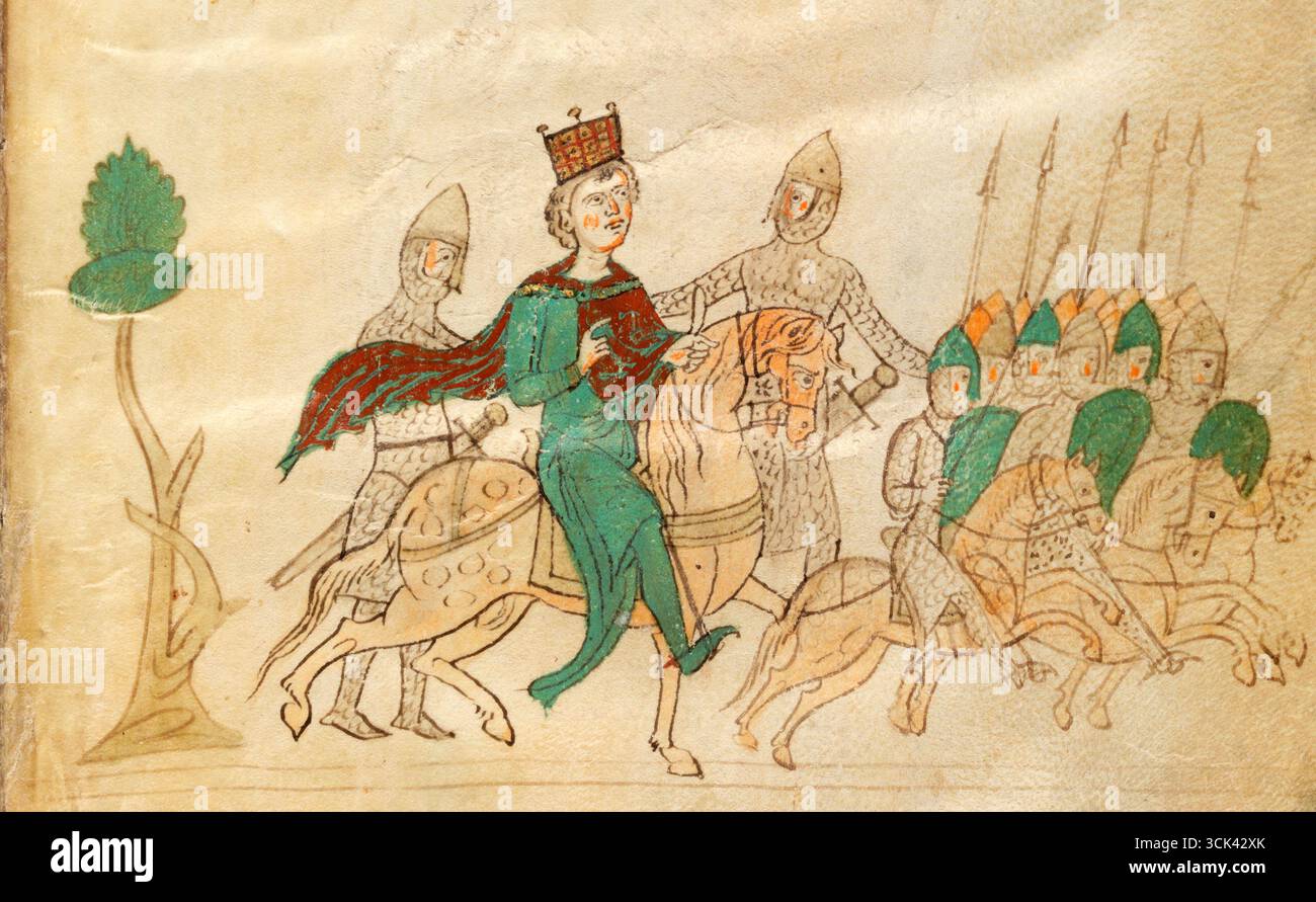 Ein mittelalterlicher König reitet mit seiner Kavallerie, isoliert aus dem Buch zu Ehren des Augustus oder über sizilianische Angelegenheiten; ein illustriertes Erzählepos, das 1196 von Peter von Eboli in Palermo geschrieben wurde. Stockfoto Ein mittelalterlicher König reitet mit seiner Kavallerie, isoliert aus dem Buch zu Ehren des Augustus oder über sizilianische Angelegenheiten; ein illustriertes Erzählepos, das 1196 von Peter von Eboli in Palermo geschrieben wurde. Stockfoto