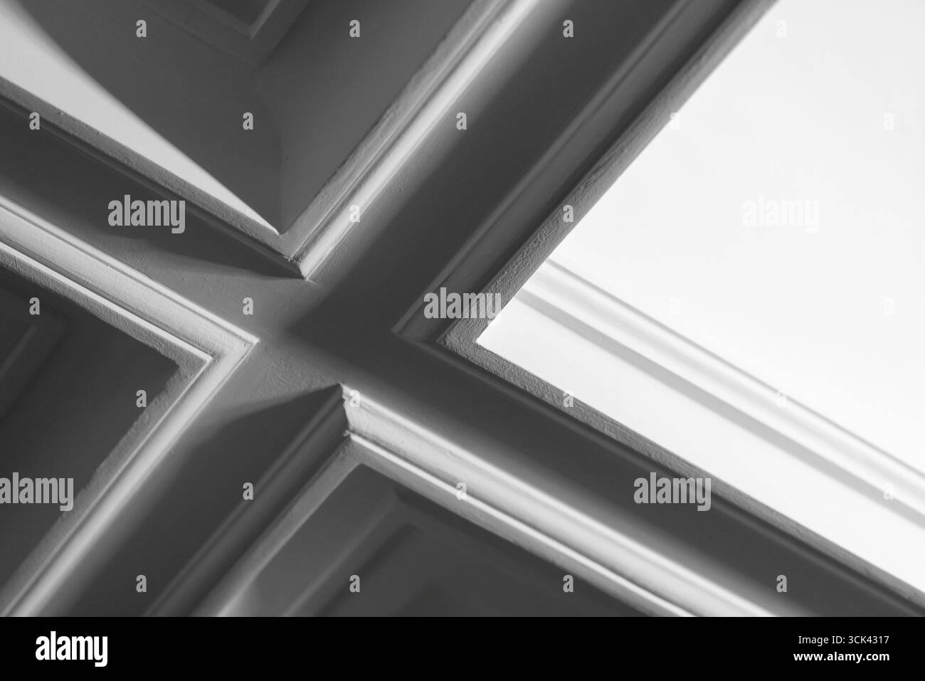 Eine Schwarz-weiß-Perspektive mit kunstvollen Deckendetails mit sich kreuzenden, schattigen Designelementen, die Tiefe und Winkel im Nu betonen Stockfoto