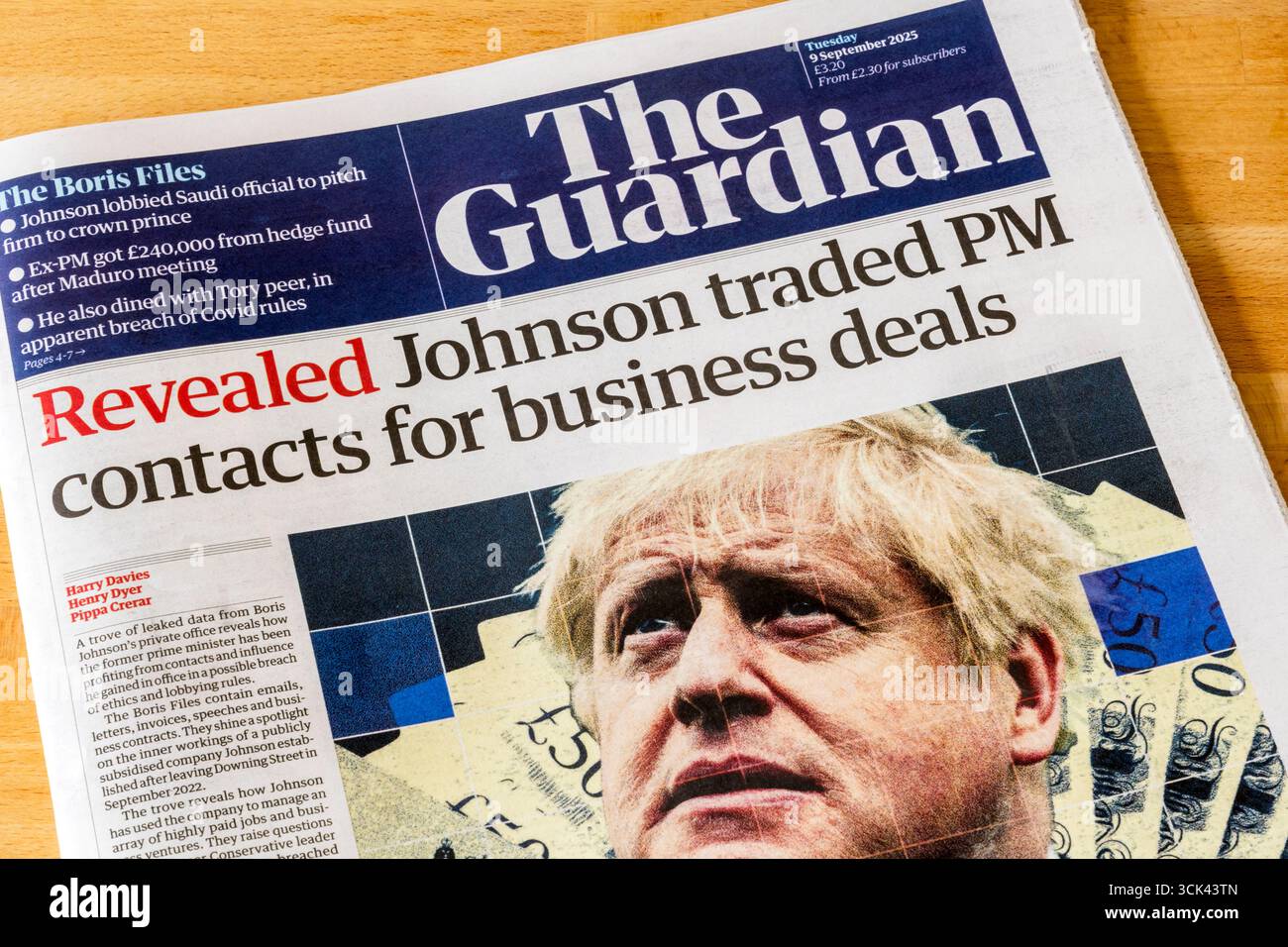 9. September 2025. Schlagzeile auf der Titelseite in der Zeitung The Guardian enthüllte, dass Johnson PM-Kontakte für Geschäftsabschlüsse tauschte. Stockfoto