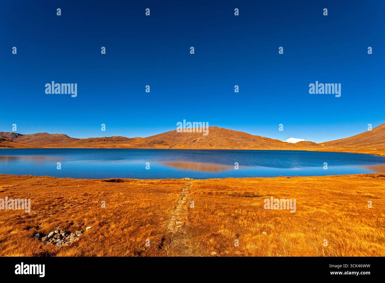 Blick auf das ruhige blaue Wasser, das den klaren azurblauen Himmel spiegelt, eingerahmt von goldenen Grasland und fernen Bergen, eine Szene von ruhiger Schönheit, Skardu, Gilgit Baltistan, Pakistan. Stockfoto