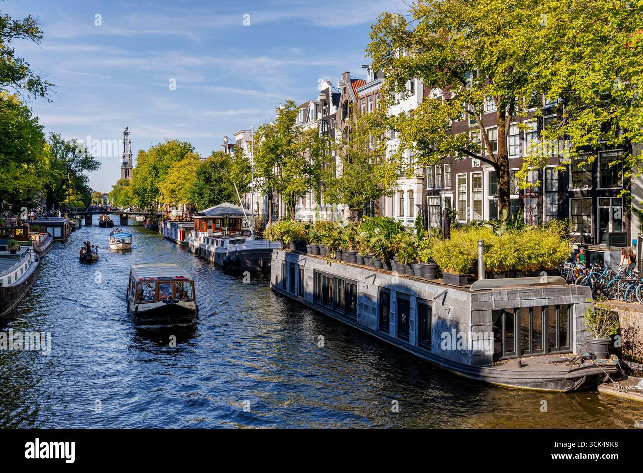Hausboote auf der Prinsengracht im Stadtzentrum, der Turm der Westerkerk im Hintergrund, Amsterdam, Niederlande. Hausboote auf der Prinsen Stockfoto