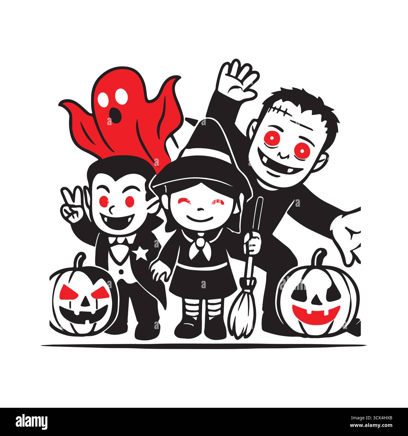 Lustige Halloween-Zeichentrickfigur mit einem freundlichen Vampir, einer Hexe, Frankenstein und einem Geist mit lächelnden Kürbissen. Die Zeichen Stock Vektor