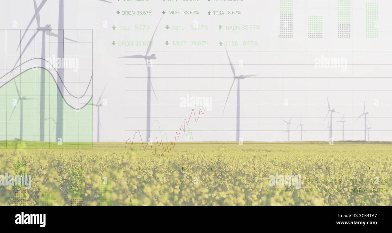 Anzeige der zentralen Windenergieanlage, die über dem Rapsfeld steht, unter überlagerten Linien- und Balkendiagrammen Stockfoto