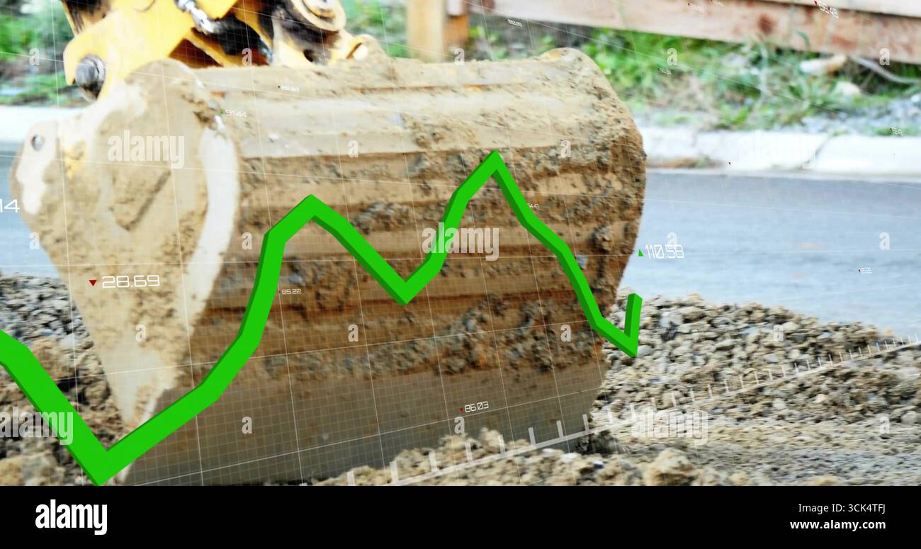Gelber Baggerlöffel, der lose Kies entlang der Straße hebt, mit grünem Liniendiagramm überlagert Stockfoto