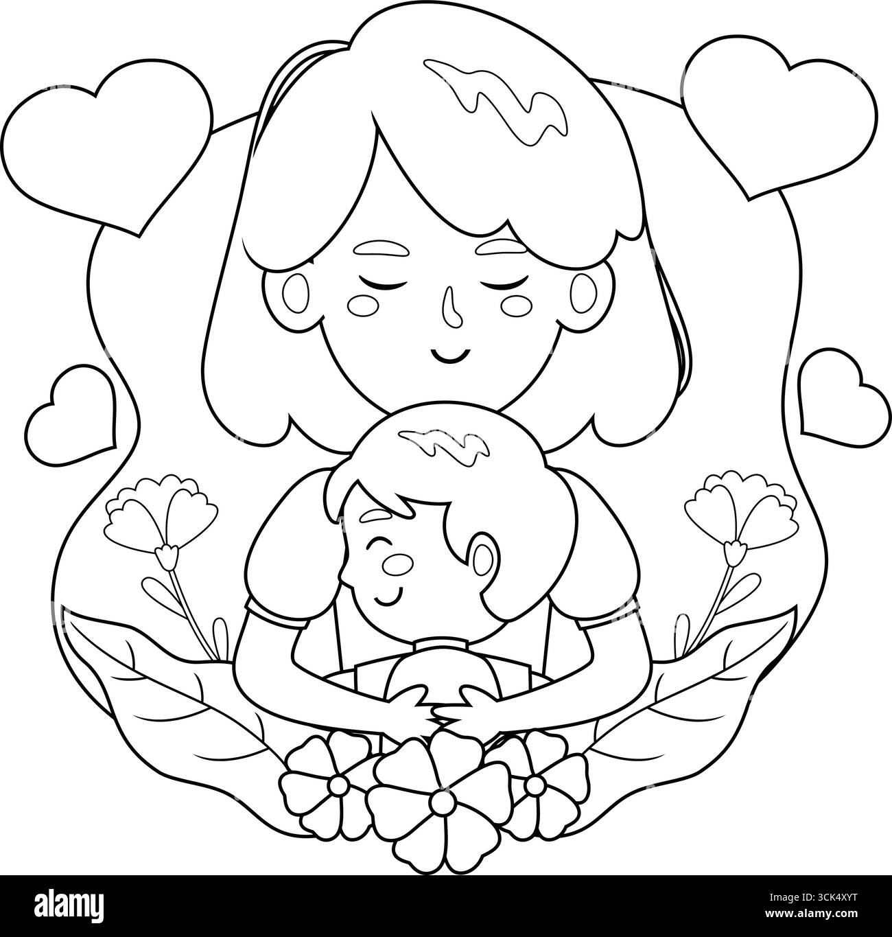 Umrissene Zeichentrickvorlage zum Muttertag, Mutter umarmen Einen Sohn. Handgezeichnete Vektor-Illustration Isoliert Auf Transparentem Hintergrund Stock Vektor