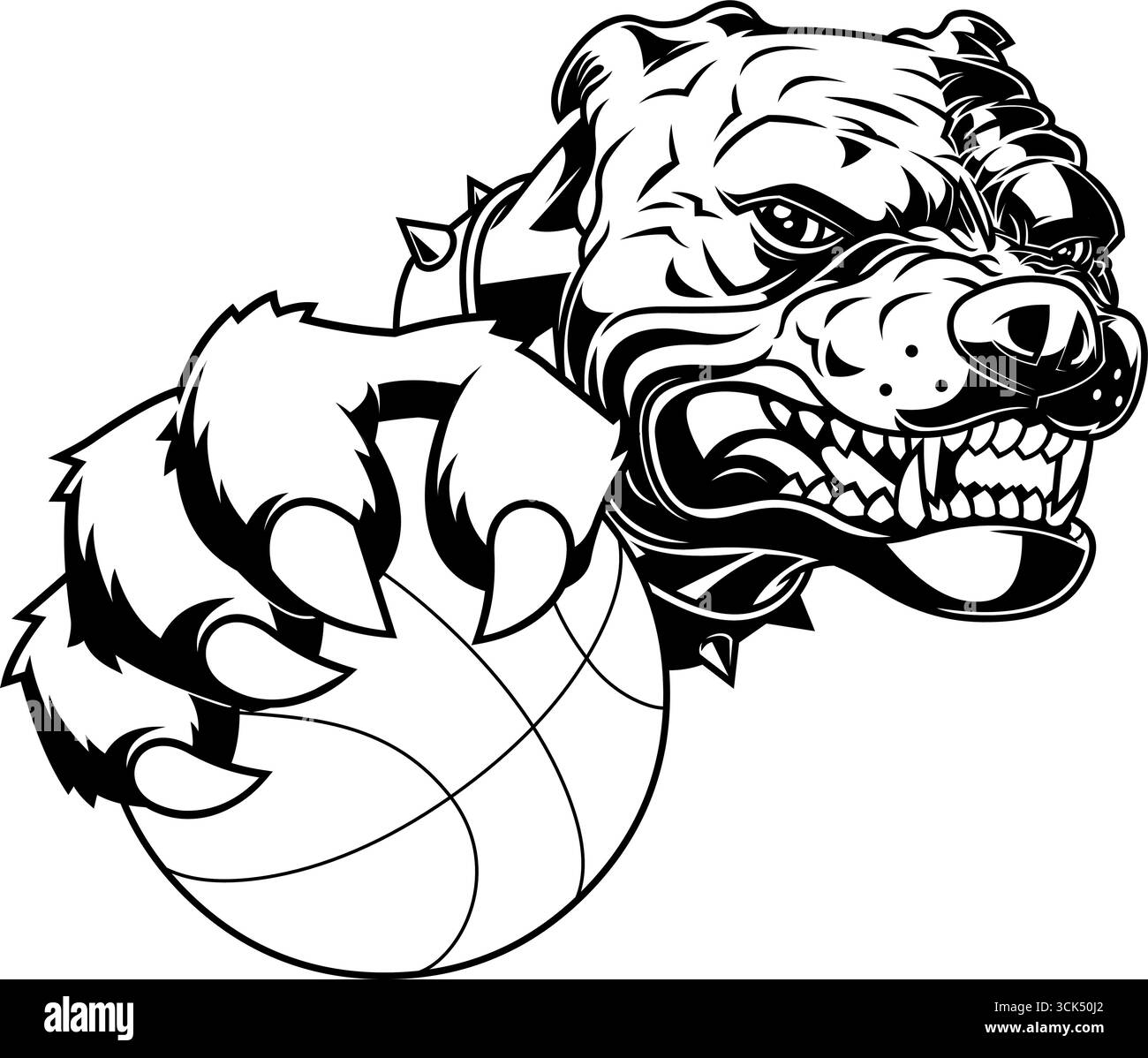 Auffälliges, Leistungsstarkes Bulldog Holding Basketball Sports Mascot Logo Design. Handgezeichnete Vektor-Illustration Isoliert Auf Transparentem Hintergrund Stock Vektor