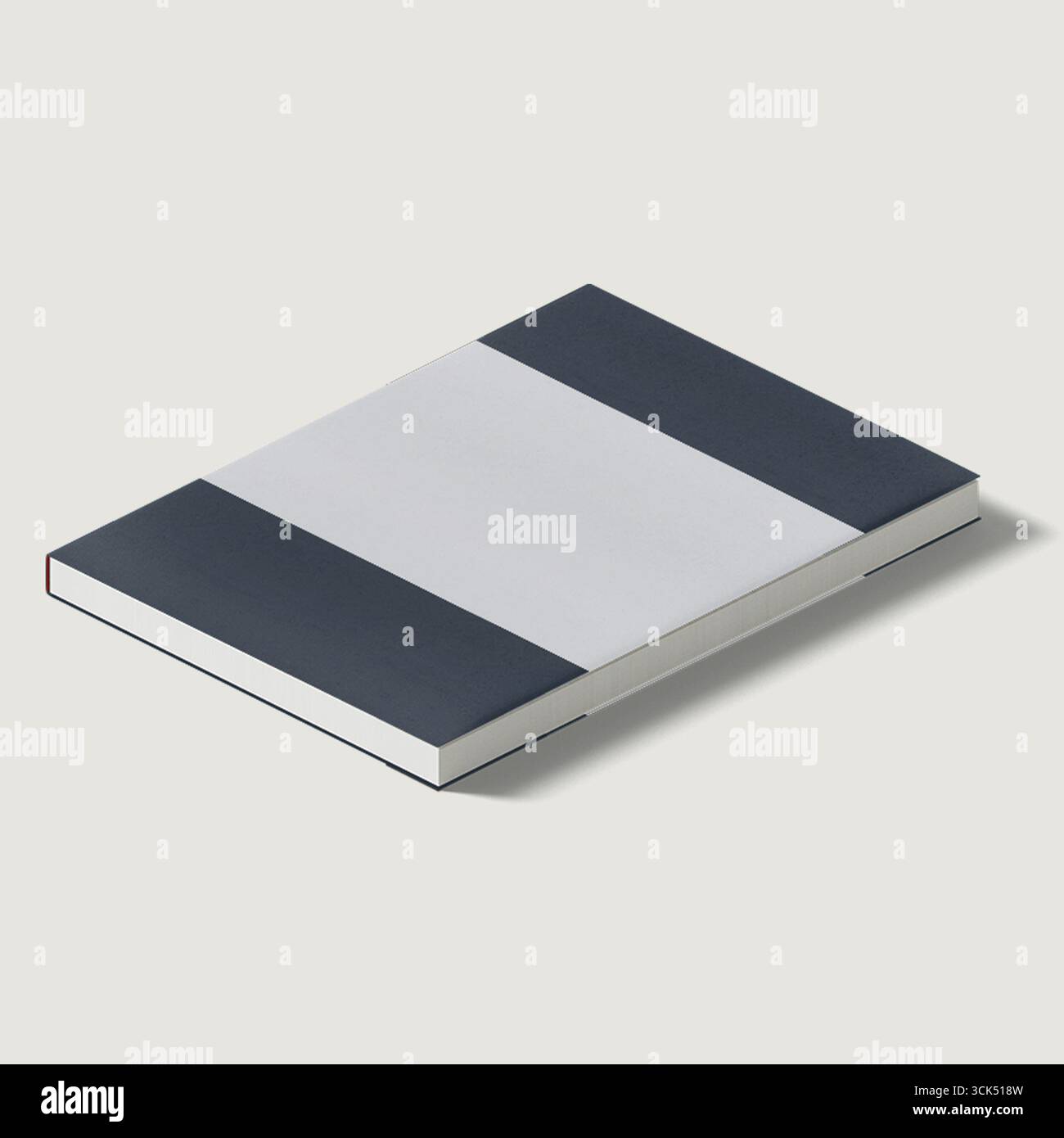 Ein minimalistisches Buch mit weißem Einband und marineblauen Streifen, entworfen für künstlerische oder literarische Inhalte. Stockfoto