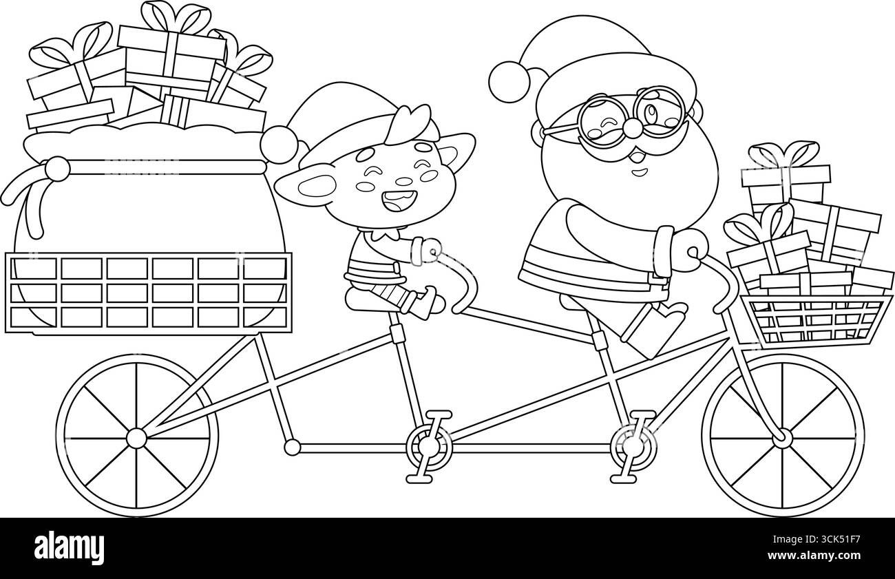 Der süße Weihnachtsmann und der Elf, der auf einem Tandem-Fahrrad mit Weihnachtsgeschenken-Zeichentrickfiguren unterwegs ist. Handgezeichnete Vektorgrafik Stock Vektor