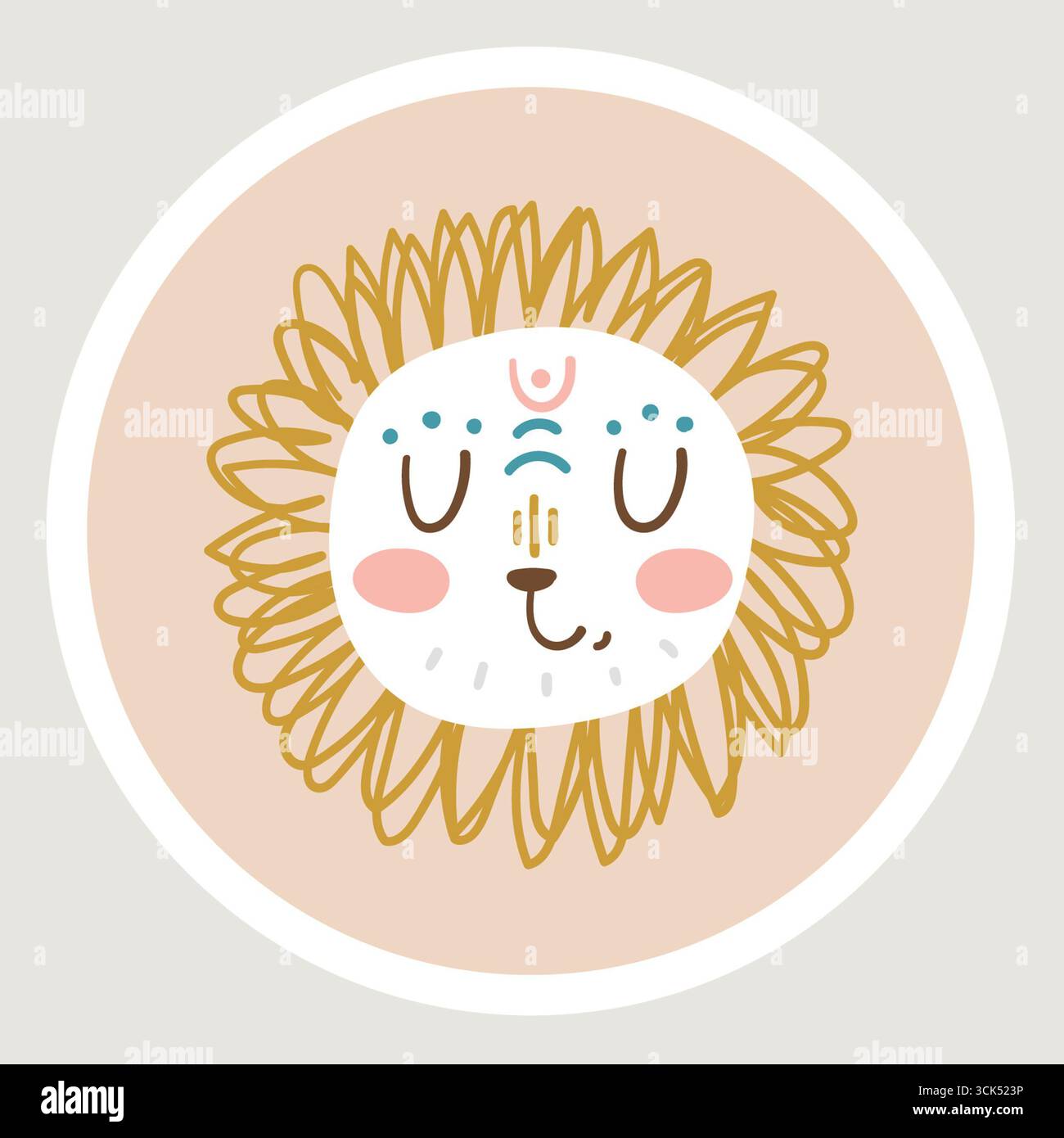 Eine niedliche, stilisierte Illustration eines Löwengesichts mit einem skurrilen Design. Stockfoto