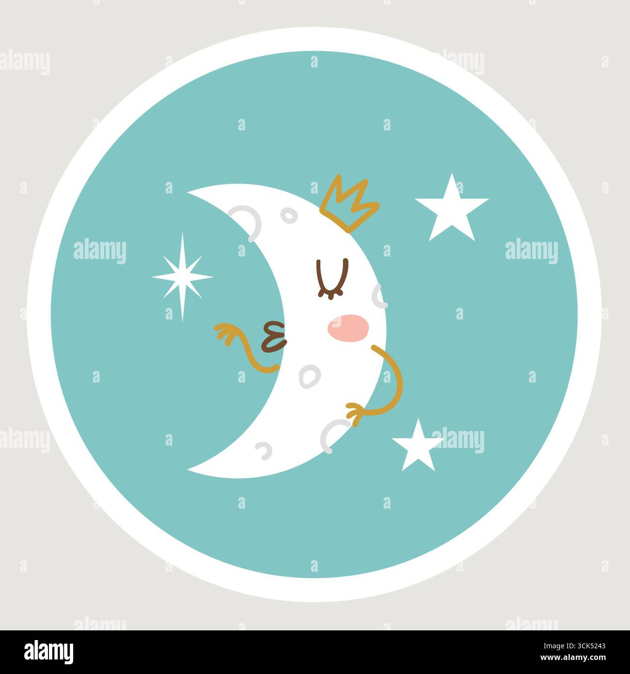 Eine skurrile Illustration eines Mondsichels mit Krone, umgeben von Sternen, die eine traumhafte Atmosphäre hervorrufen. Stockfoto