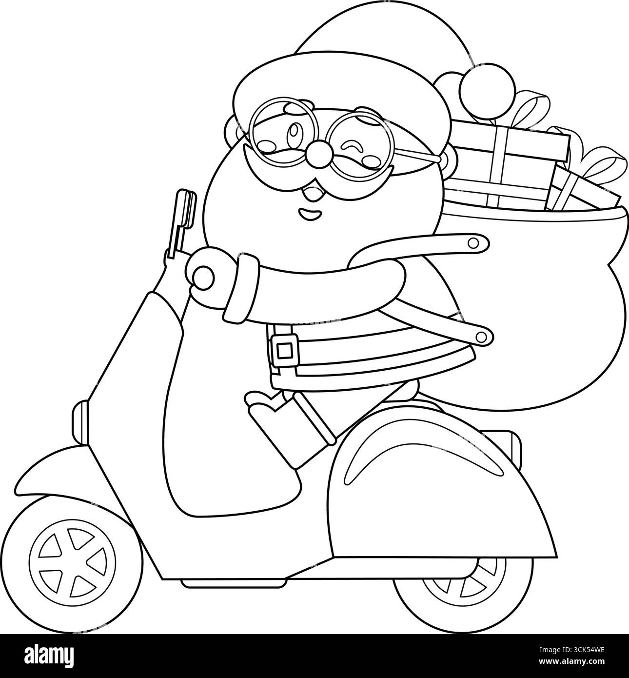 Die süße Weihnachtsmann-Cartoonfigur fährt auf dem Rollerrad mit Einer Tasche voller Geschenke. Handgezeichnete Vektorgrafik Stock Vektor