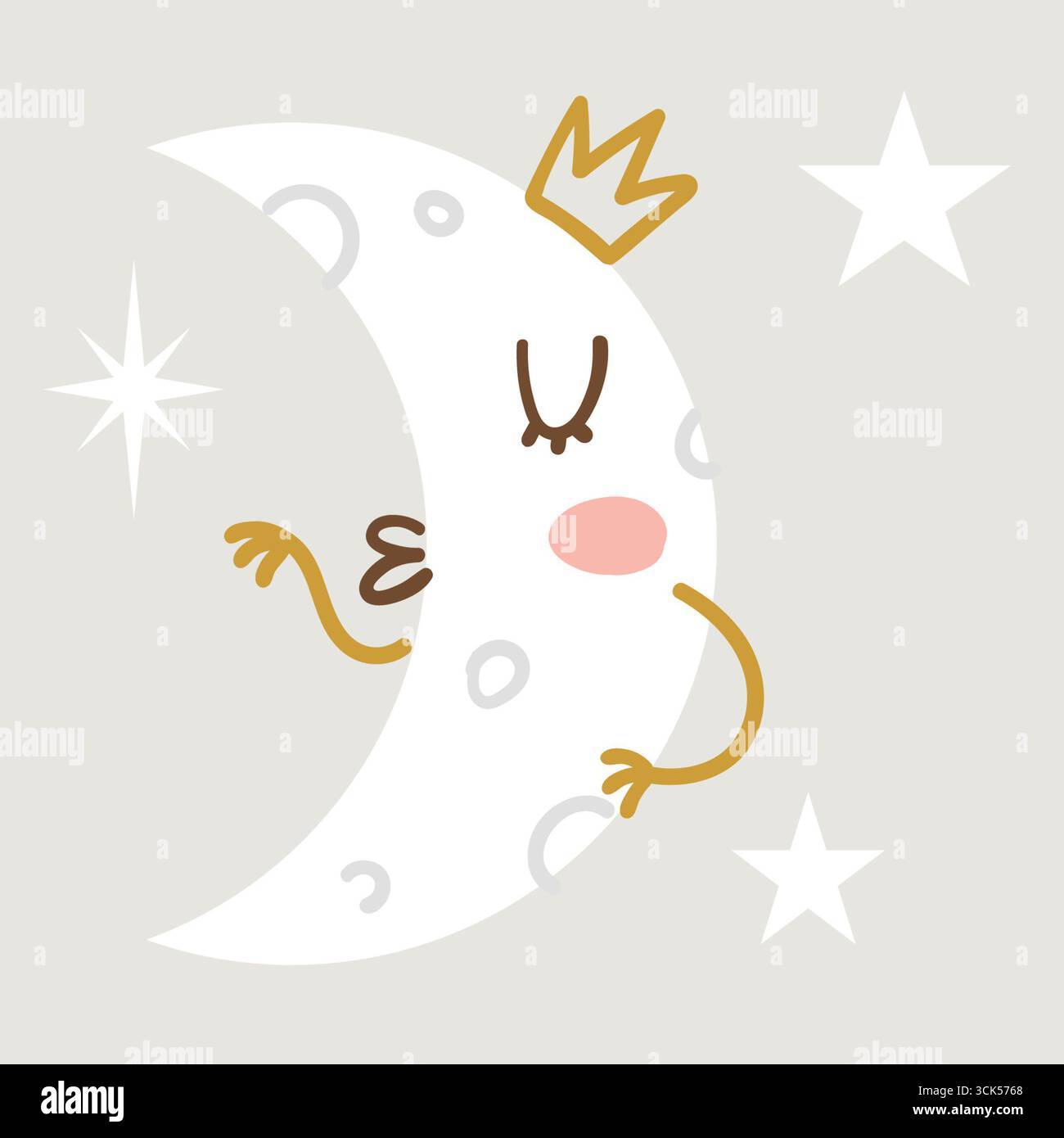 Eine skurrile Illustration eines Mondsichels mit Krone, umgeben von Sternen, vermittelt eine verspielte und traumhafte Atmosphäre. Stockfoto