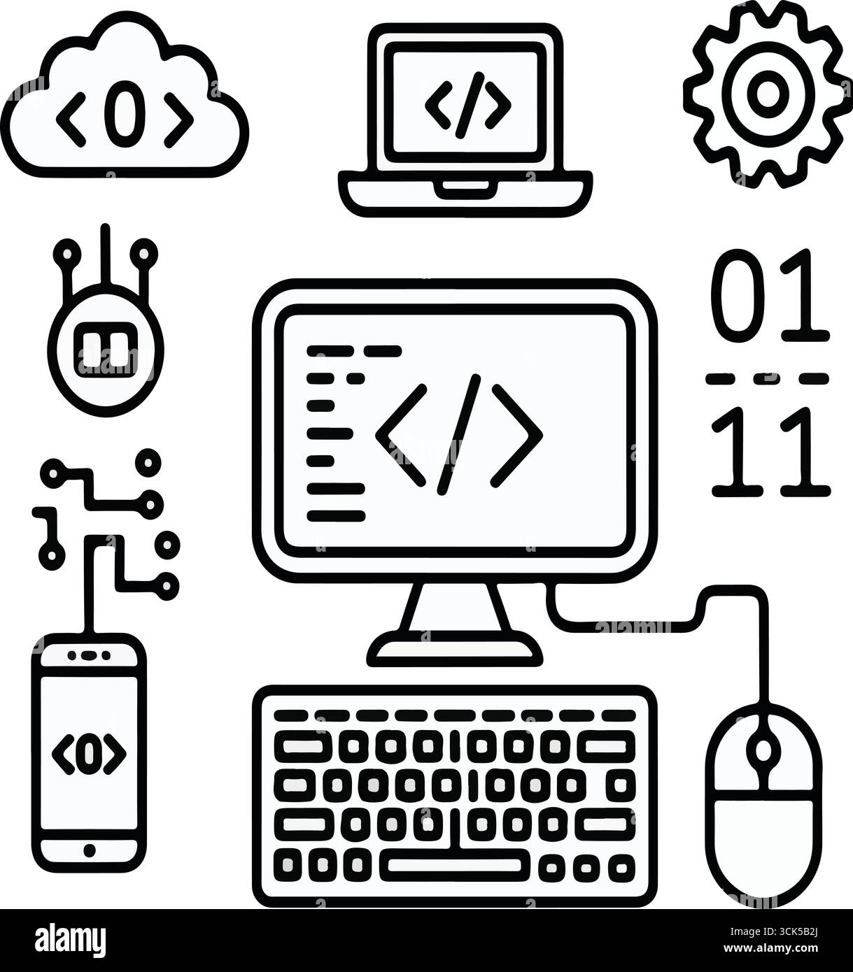 Codierungs- und Programmierungssymbole in handgezeichneten Abbildungen Stock Vektor