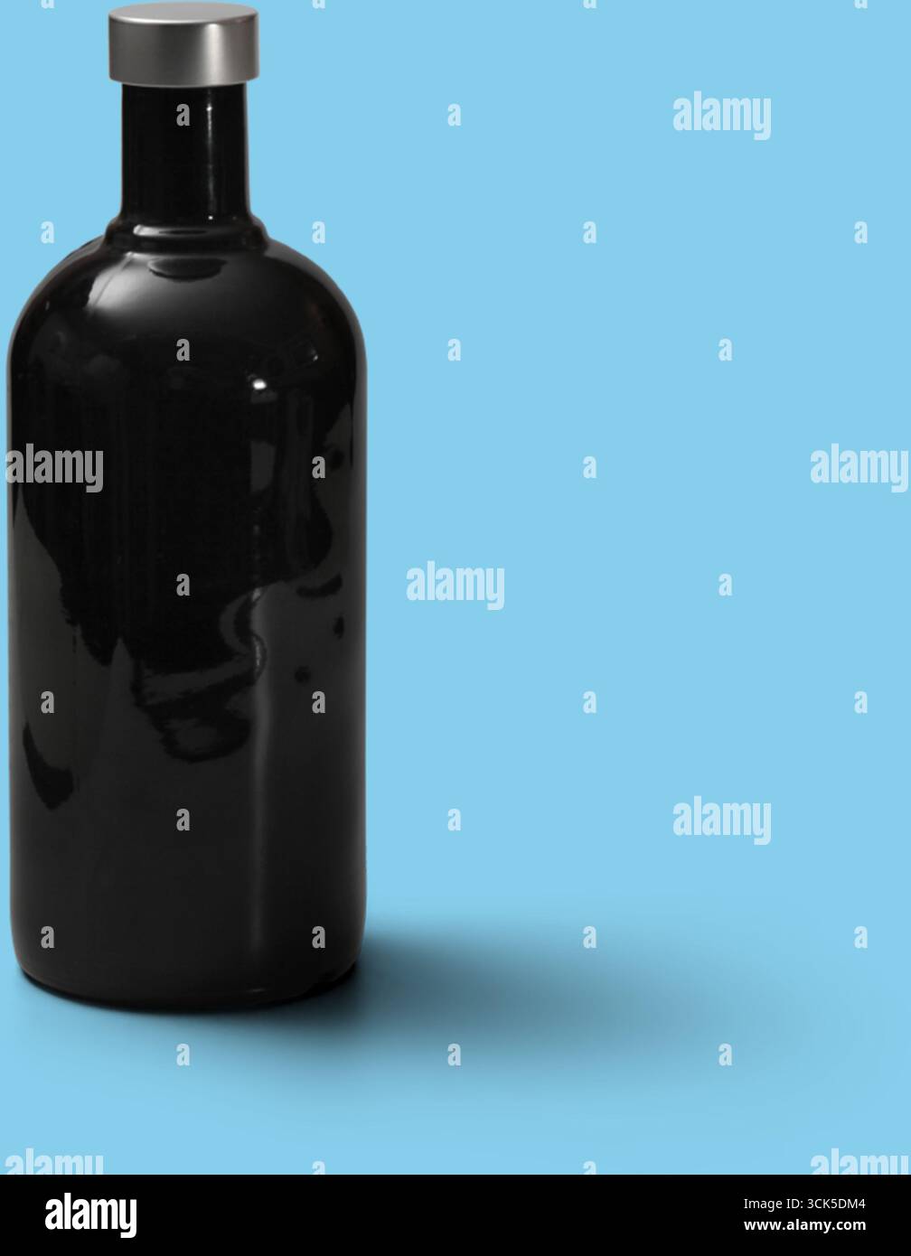 Eine elegante schwarze Flasche mit metallischem Verschluss, die wahrscheinlich für Getränke oder Öle bestimmt ist. Stockfoto