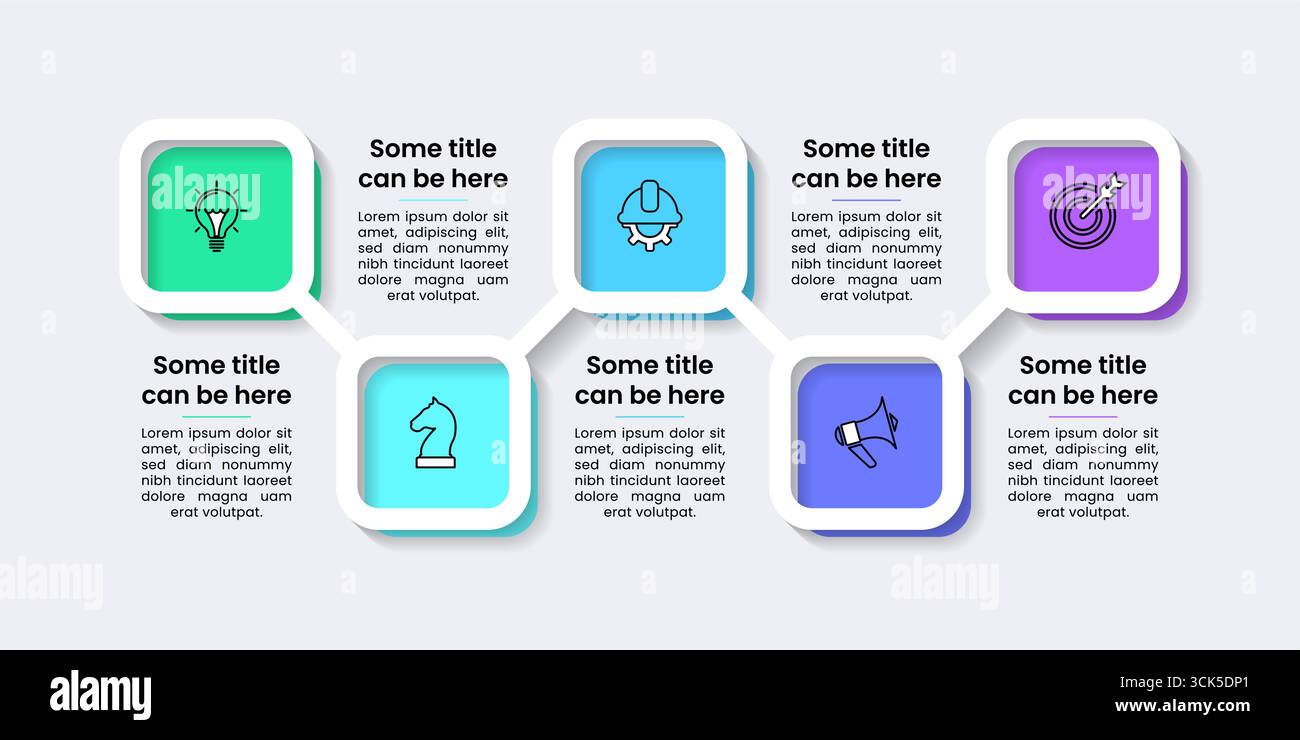 Infografik-Vorlage mit Symbolen und 5 Optionen oder Schritten. Quadratische Rahmen. Kann für Workflow-Layout, Diagramm, Banner und Webdesign verwendet werden. Vektorillustratio Stock Vektor