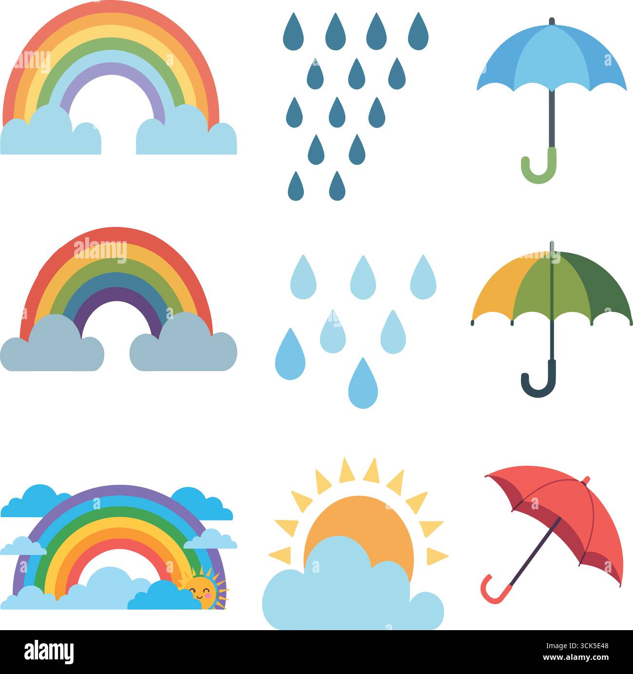 Illustration des Wettersymbols mit Regenbögen, Regentropfen, Regenschirmen, Sonne und Wolken Stock Vektor