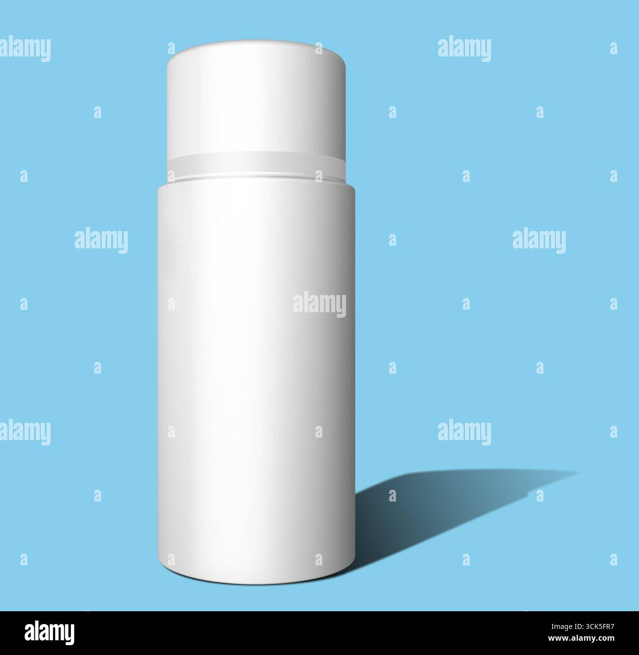 Eine einfache, weiße Flasche mit zylindrischer Form, die normalerweise zum Verpacken von Flüssigkeiten oder anderen Substanzen verwendet wird. Stockfoto