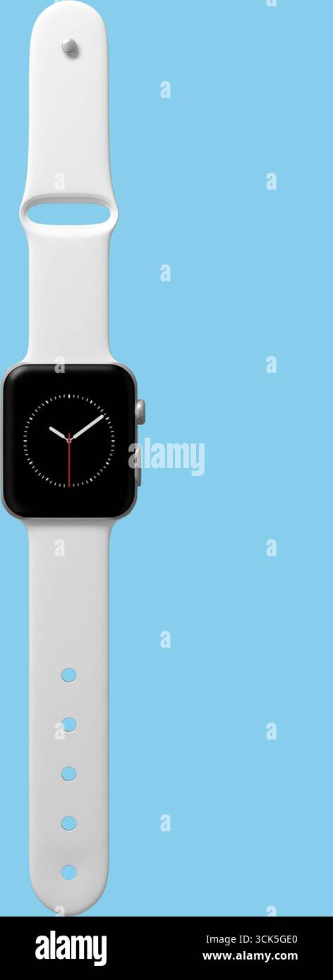 Eine elegante weiße Smartwatch mit rechteckigem Gesicht und einfacher Uhren-Schnittstelle. Stockfoto
