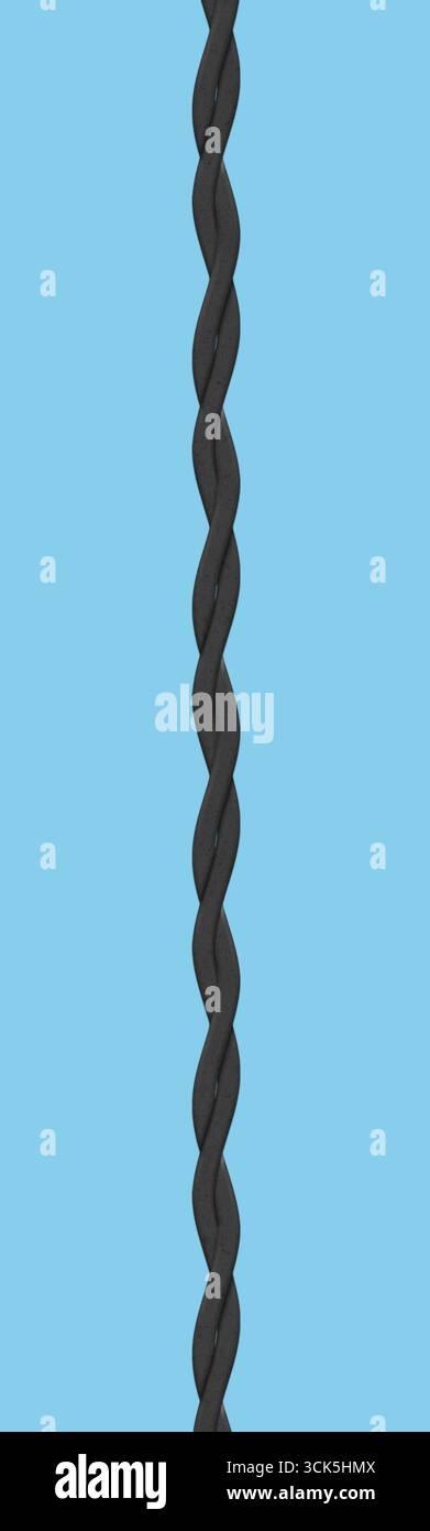 Ein Bild eines verdrehten schwarzen Seils, das seine Textur und Form zeigt. Stockfoto