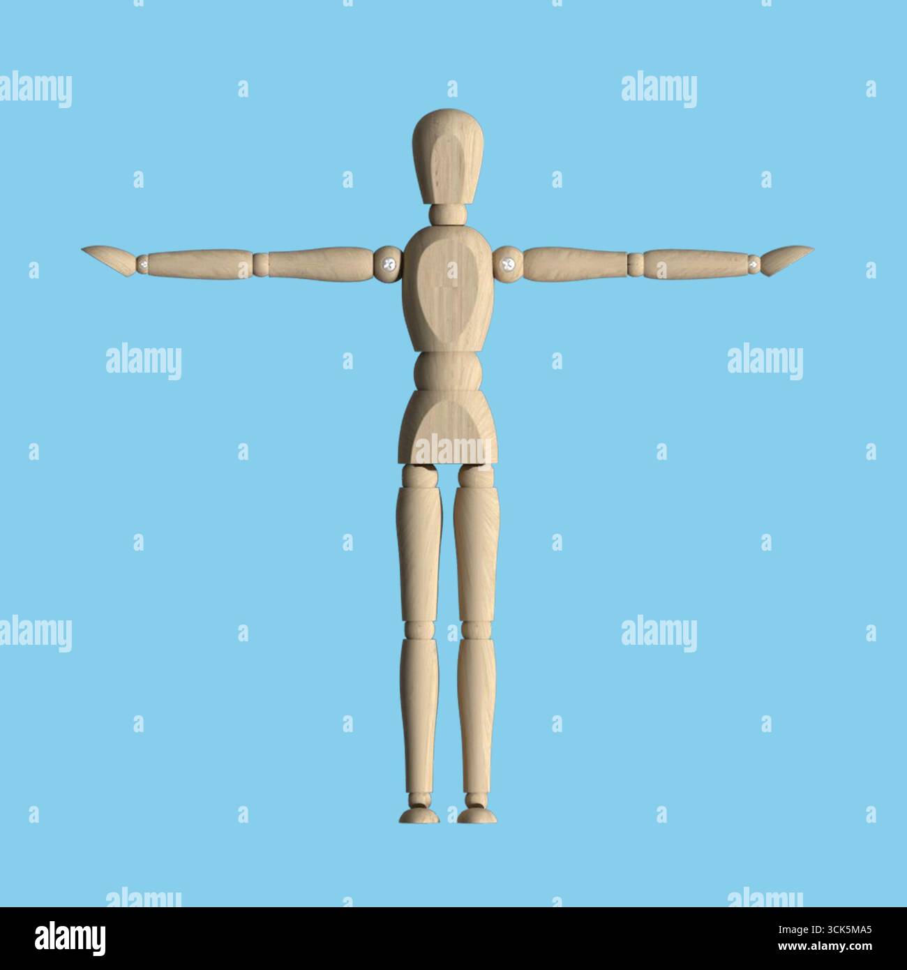 Eine hölzerne Schaufensterpuppe mit ausgestreckten Armen, die häufig zum Zeichnen und Modellieren menschlicher Figuren verwendet wird. Stockfoto