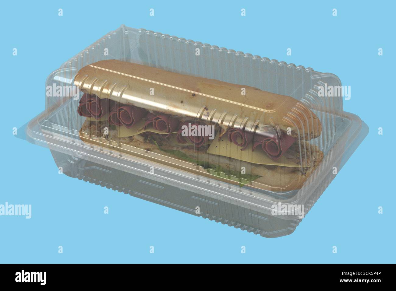 Ein Kunststoffbehälter für ein Sandwich mit Schichten Fleisch und Gemüse, das für eine praktische Verpackung von Lebensmitteln entwickelt wurde. Stockfoto