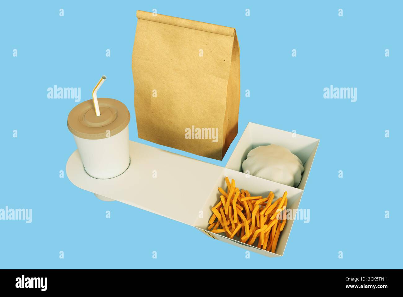 Ein Essenstablett mit einem Getränk, Pommes Frites, einem Knödel und einem Beutel zum Mitnehmen, ideal für ein schnelles und bequemes Abendessen. Stockfoto
