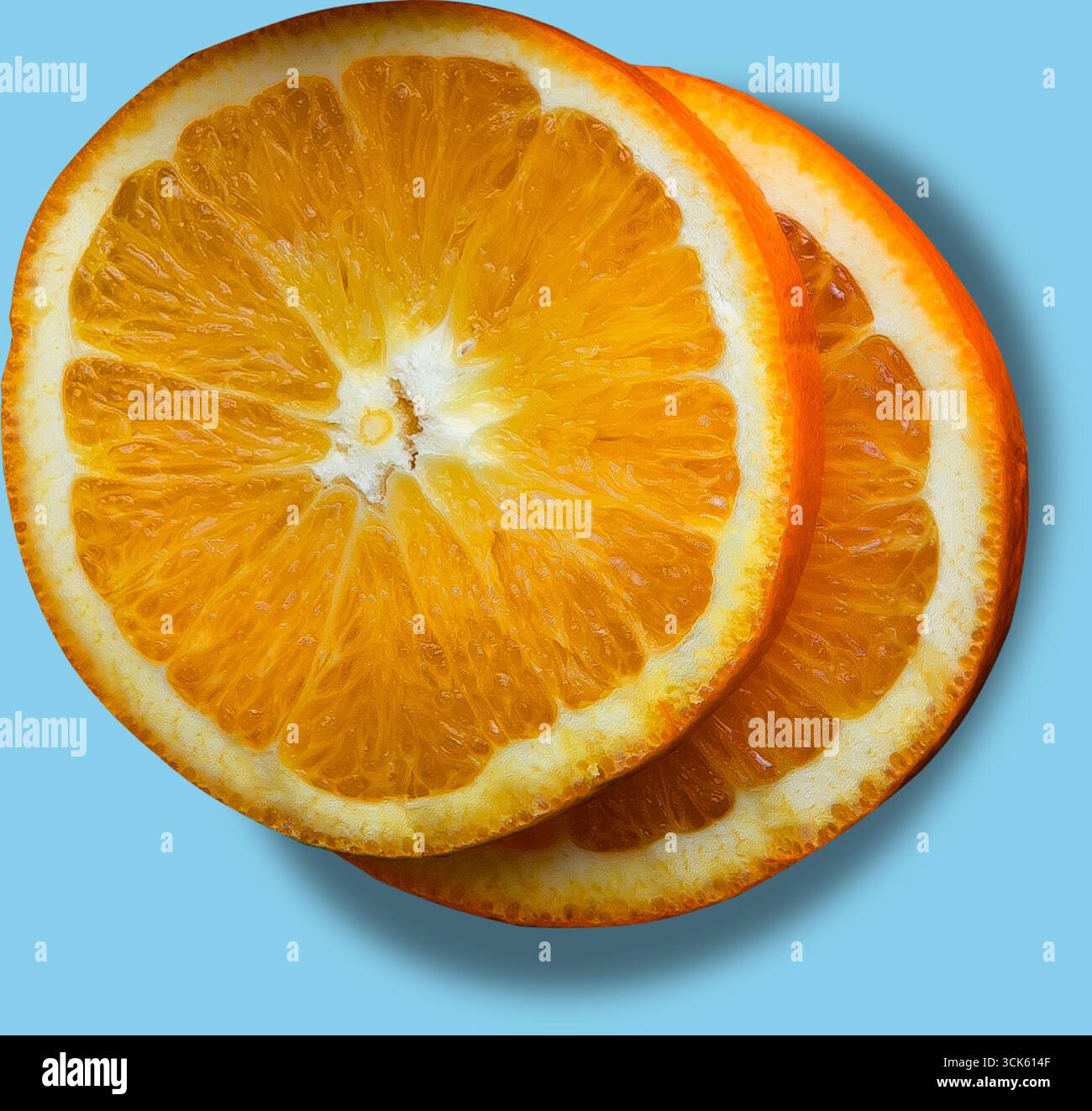 Eine Nahaufnahme von zwei Orangenscheiben, die ihre leuchtende Farbe und saftige Textur zeigen. Stockfoto