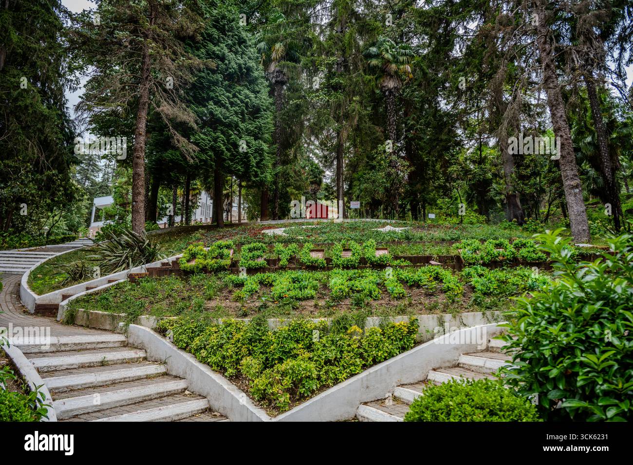 Ein Terrassengarten mit Steintreppen und landschaftlich gestaltetem Grün im Spa-Park von Termal, Yalova, Türkiye. Hohe Bäume umgeben das Gebiet und bilden einen pe Stockfoto