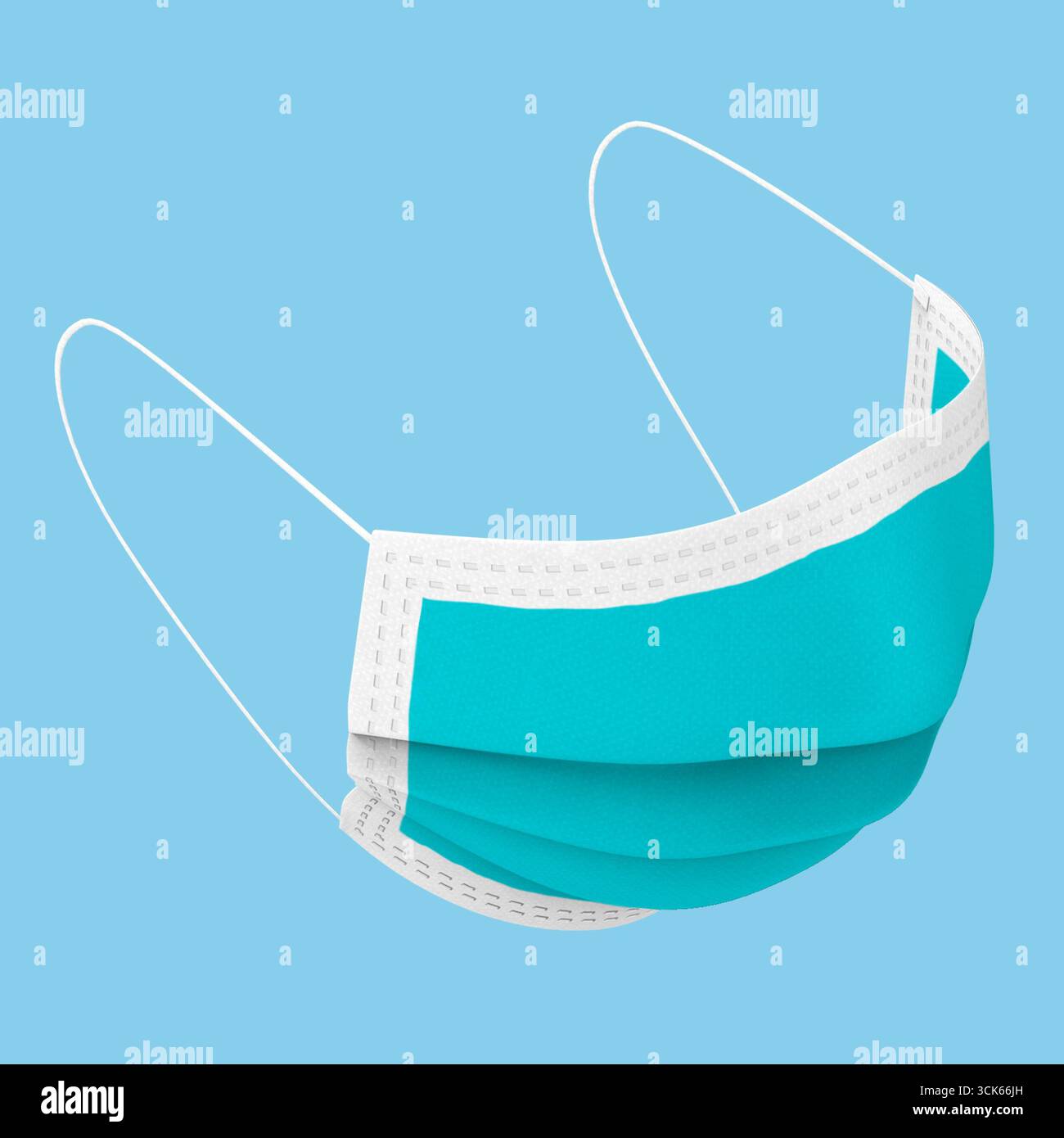 Eine medizinische Einweg-Maske in blaugrün, entwickelt zum Schutz vor Schwebeteilchen und Viren. Stockfoto