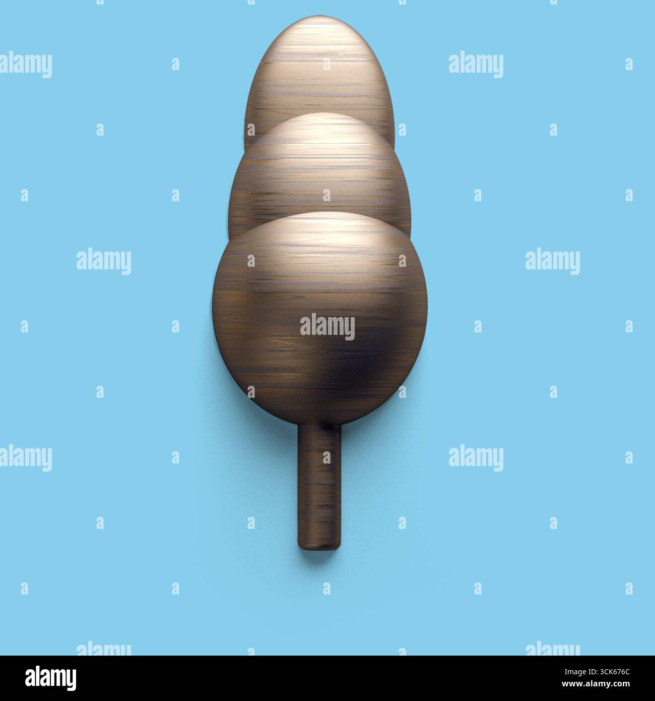 Eine schlanke Metallskulptur mit drei aufeinander gestapelten ovalen Formen auf einem Stab, die moderne Design-Ästhetik zeigt. Stockfoto