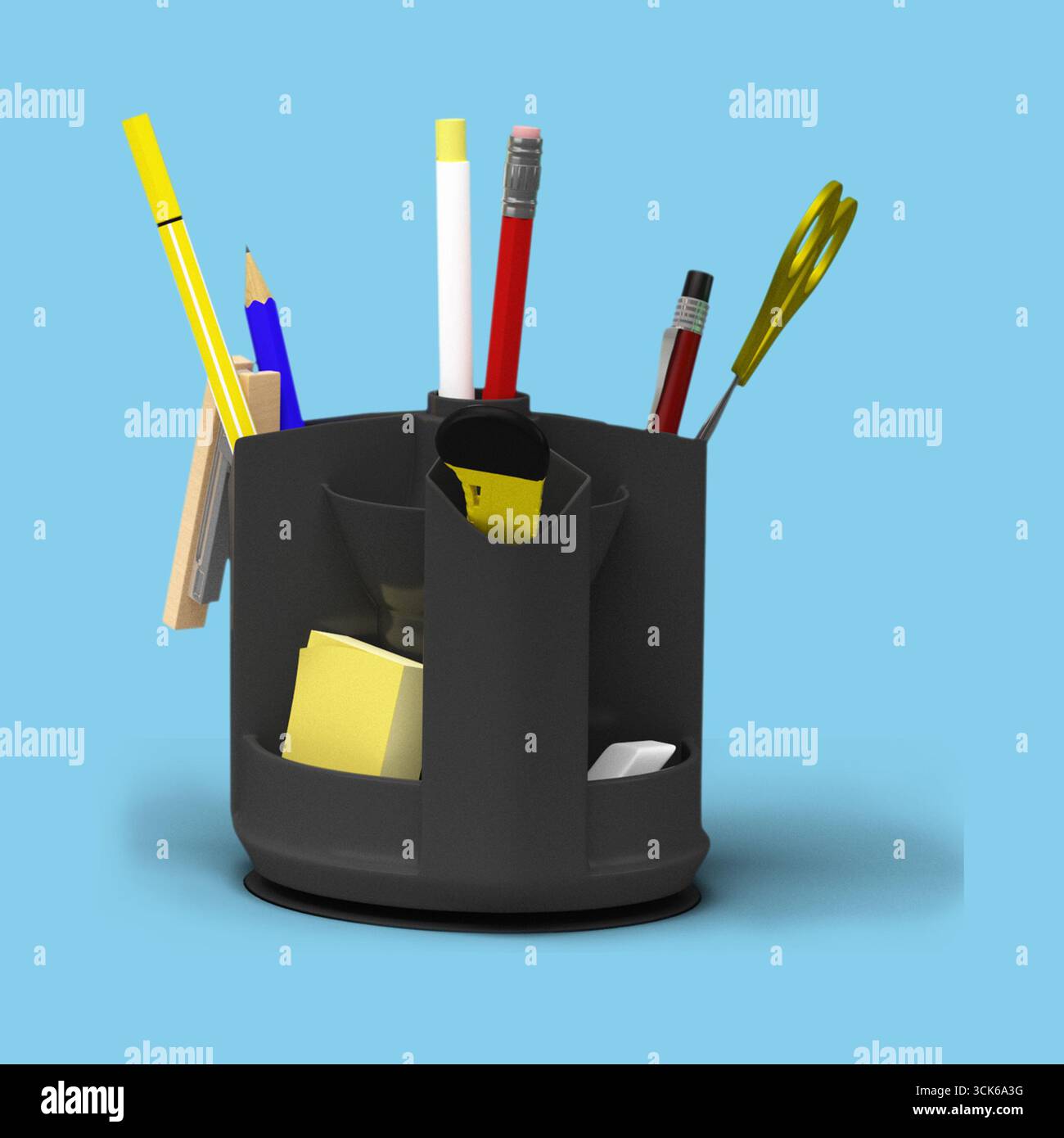 Ein schwarzer Stifthalter, gefüllt mit verschiedenen Schreibgeräten wie Stiften, Bleistiften und Haftnotizen, dient als organisatorisches Werkzeug. Stockfoto